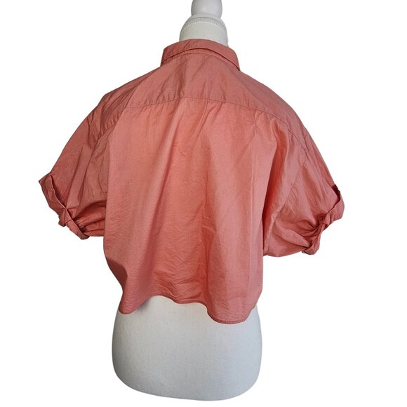Women's Crop Top- Front tie- Button Up-Collared-Light Coral Color - Picture 3 of 16